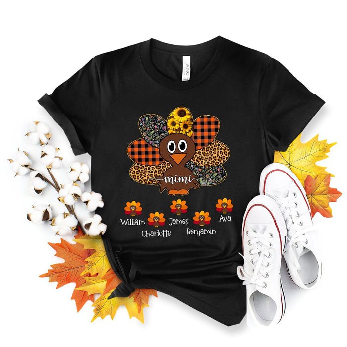 Personalized T-Shirt For Grandma Cute Turkey Mimi Sunflower Leopard Plaid Floral Design Custom Grandkids Name