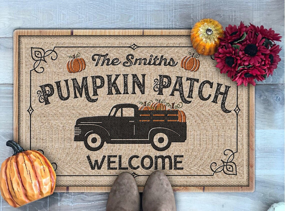 Personalized Doormat Pumpkin Patch Welcome With Pumpkin Truck Printed Vintage Design Custom Family Name Fall Doormat