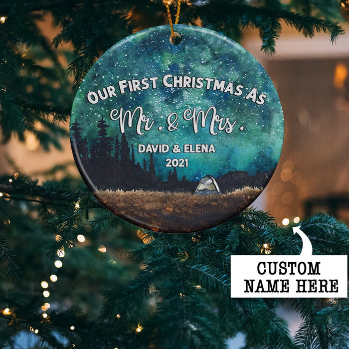 Personalized Newlywed Ornament Our First Christmas As Mr & Mrs Print Tent In Forest Custom Names & Year Circle Ornament