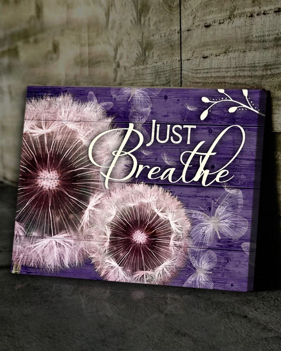 Matte Canvas Just Breathe Dandelion Purple Vintage Design Hippie Style Meditation Housewares Wooden Background Canvas