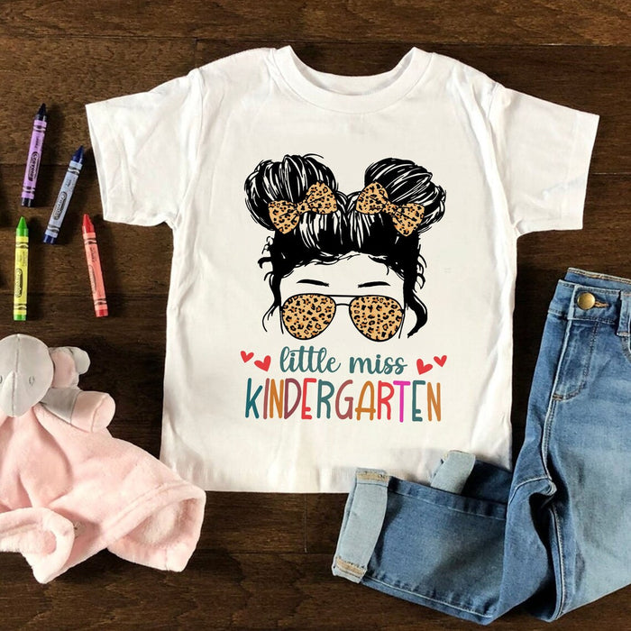 Personalized T-Shirt Little Miss Kindergarten Messy Bun Hair Leopard Glasses Custom Grade Level Back To School Outfit
