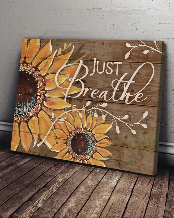 Matte Canvas Just Breathe Sunflower Printed Wall Art Canvas Vintage Design Hippie Style Wooden Background Canvas