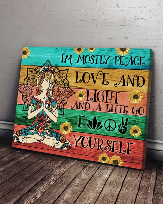 Matte Canvas I'm Mostly Peace Love And Light Yoga Girl With Sunflower Printed Hippie Style Wooden Background Canvas