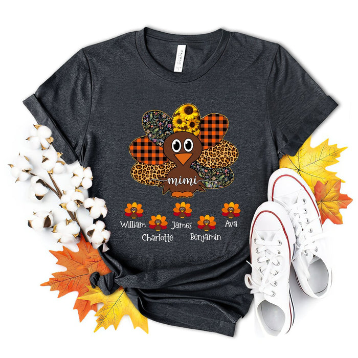 Personalized T-Shirt For Grandma Cute Turkey Mimi Sunflower Leopard Plaid Floral Design Custom Grandkids Name