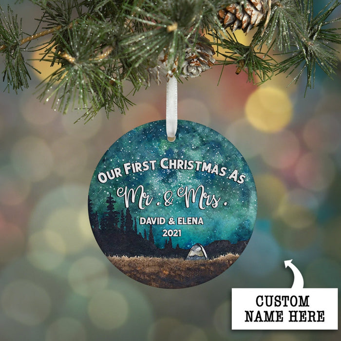 Personalized Newlywed Ornament Our First Christmas As Mr & Mrs Print Tent In Forest Custom Names & Year Circle Ornament