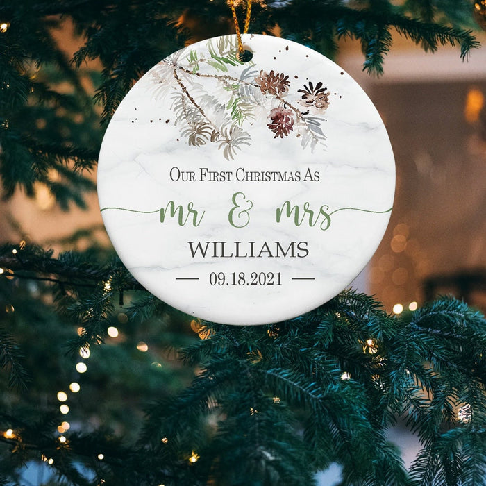 Personalized Newlywed Ornament Our First Christmas As Mr & Mrs Custom Names & Date Botanical Printed Circle Ornament