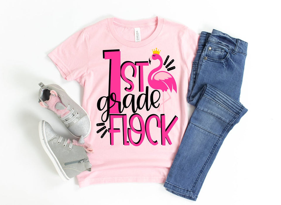 Personalized T-Shirt For Kids 1st Grade Flock Pink Flamingo Printed Custom Grade Level Back To School Outfit