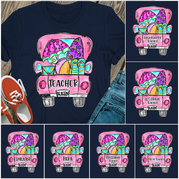 Personalized T-Shirt For Teacher Beachin Pink Car & Surfboard Umbrella Printed Back To School Outfit