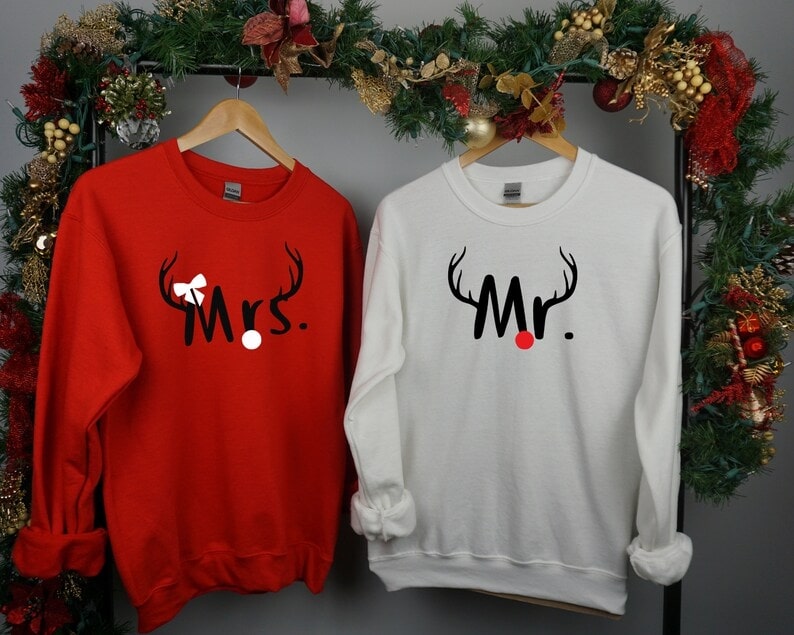 Cute Deer Horn Mr And Mrs Sweaters For Him Her Wife Husband Christmas Matching Couple Shirt