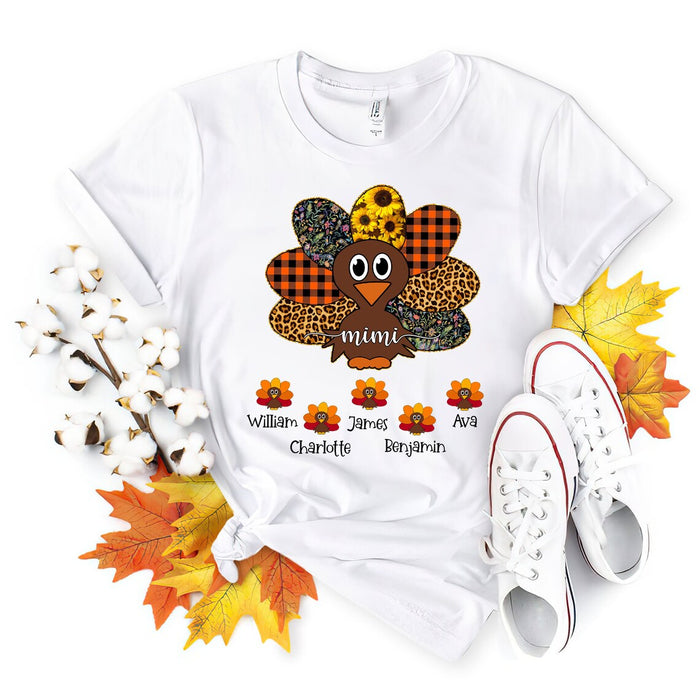 Personalized T-Shirt For Grandma Cute Turkey Mimi Sunflower Leopard Plaid Floral Design Custom Grandkids Name