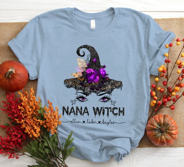 Personalized T-Shirt Nana Witch Floral Witch Hat Eyelashes Printed Custom Grandkids Name Shirt For Halloween