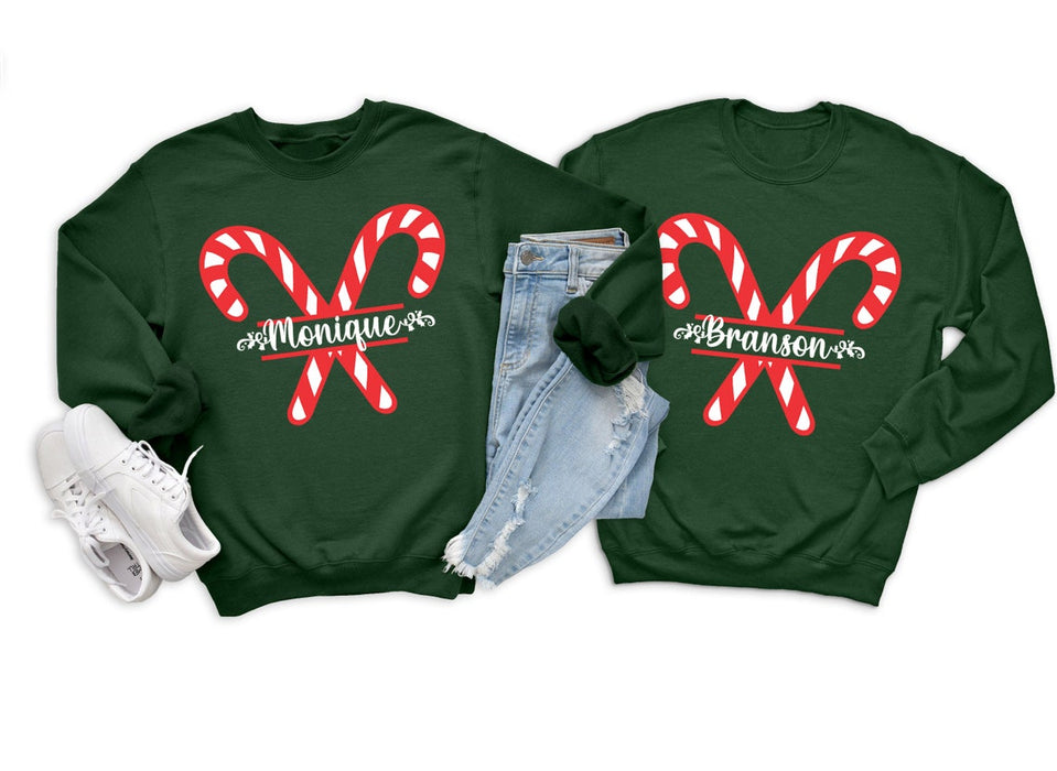 Personalized Matching Christmas Sweatshirt For Couple Cute Candy Cane Printed Custom Name Monogram Design