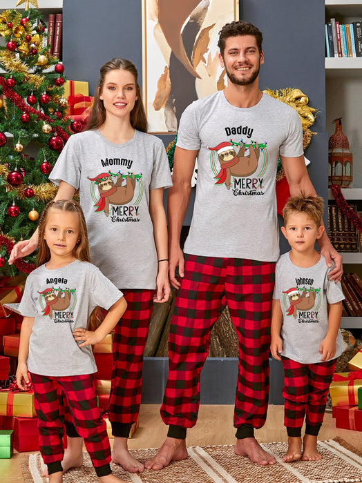 Personalized Matching Shirt For Family Cute Sloth With Santa Hat Printed Custom Name Mommy Daddy Baby Christmas Shirt