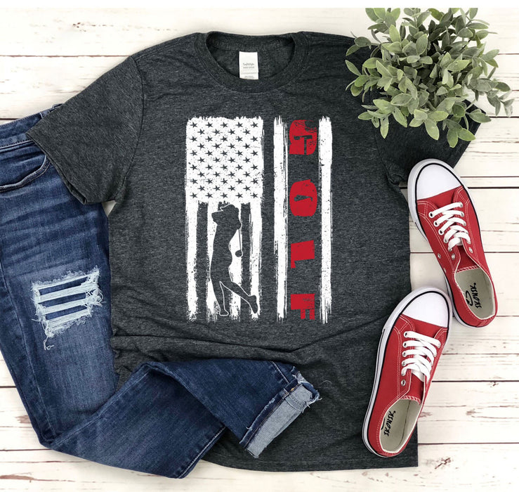 Classic Unisex T-Shirt For Golf Lovers American Flag Printed Stars Stripes Design Retro Vintage Shirt Golf Team Shirt