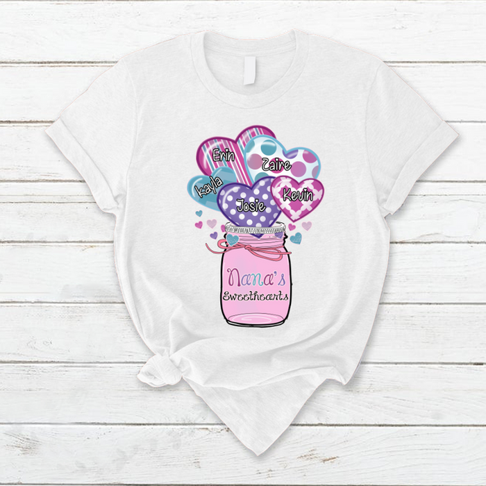 Personalized T-Shirt For Grandma Nana'S Sweethearts Vase Of Colorful Heart Printed Custom Grandkids Name