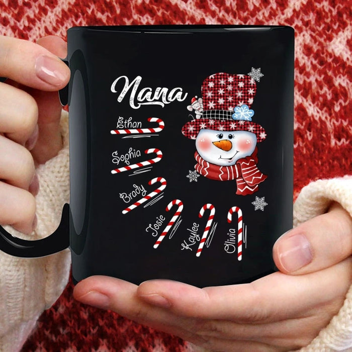 Personalized Black Mug For Grandma Nana Snowman & Candy Cane Printed Custom Grandkids Name 11Oz 15Oz Ceramic Coffee Mug