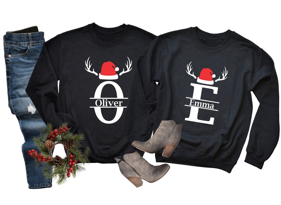 Personalized Christmas Matching Sweatshirt For Couple Deer Horn & Santa Hat Printed Custom Name