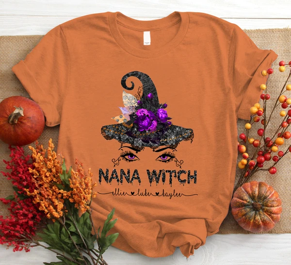Personalized T-Shirt Nana Witch Floral Witch Hat Eyelashes Printed Custom Grandkids Name Shirt For Halloween