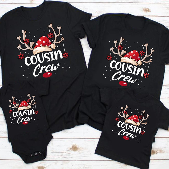 Class Matching Shirt For Family Cousin Crew Funny Reindeer With Santa Hat & Snow Printed Christmas Family Matching Shirt