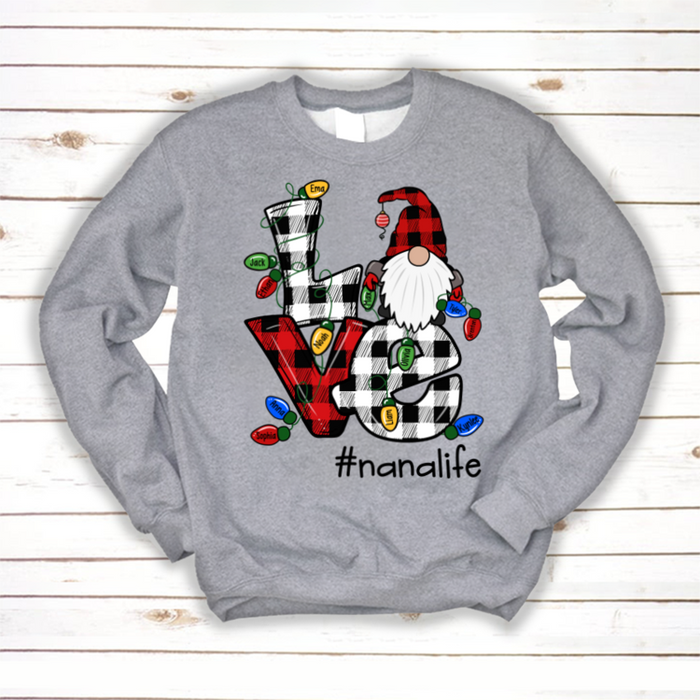 Personalized Sweatshirt & Hoodie For Grandma Love Hashtag Nana Life Cute Santa Gnome & Colorful Lights Printed