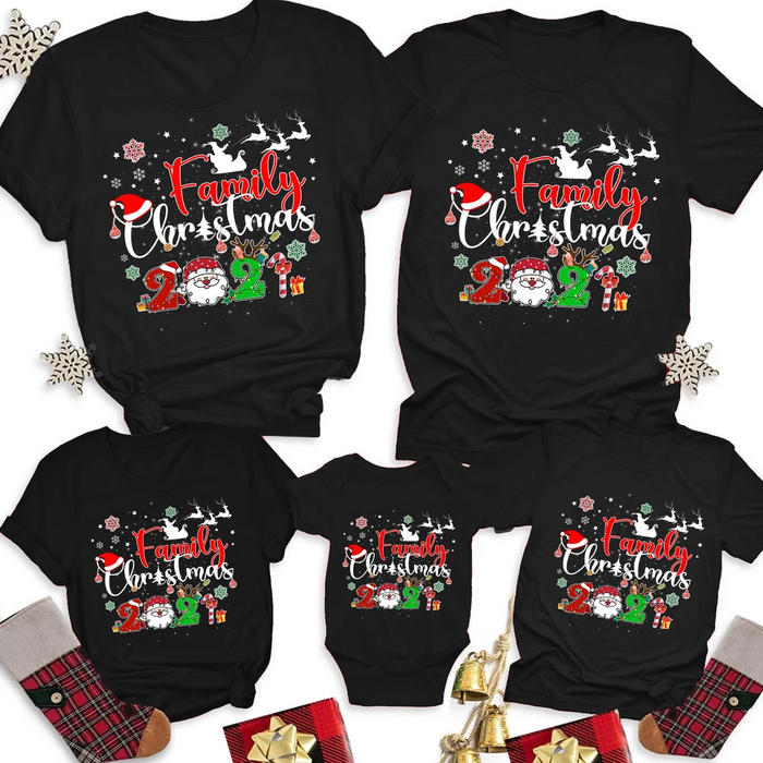 Personalized Matching Shirt For Family Family Christmas 2021 T-Shirt Print Funny Santa Claus Snowflakes & Reindeer