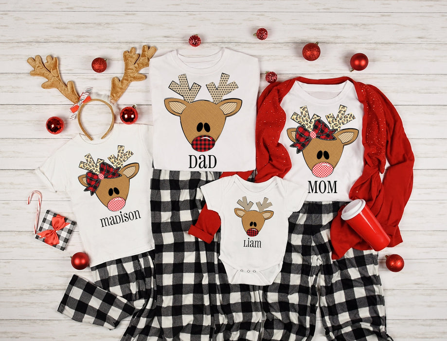 Personalized Reindeer Matching Family Christmas Shirts Leopard Buffalo Deer Horn Tee For Dad Mom Outfit For Baby Kids