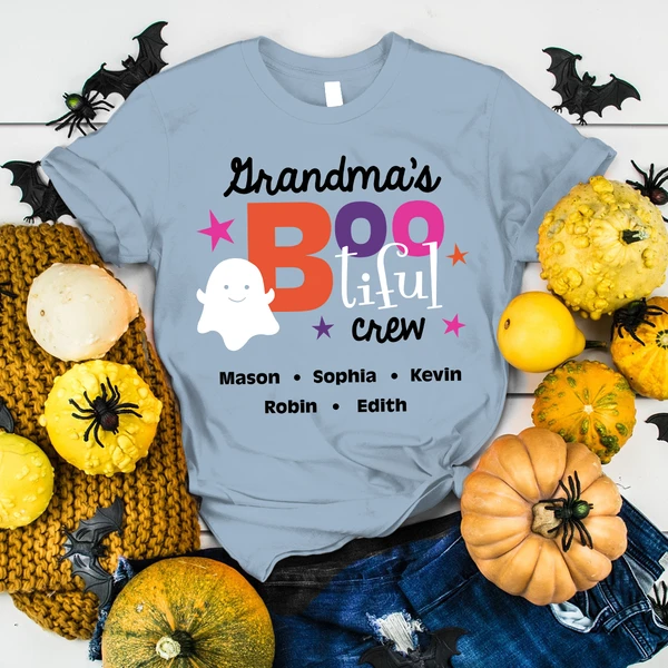 Personalized T-Shirt Grandma's Boo Tiful Crew Cute Ghost Printed Custom Grandkid's Name Shirt For Halloween