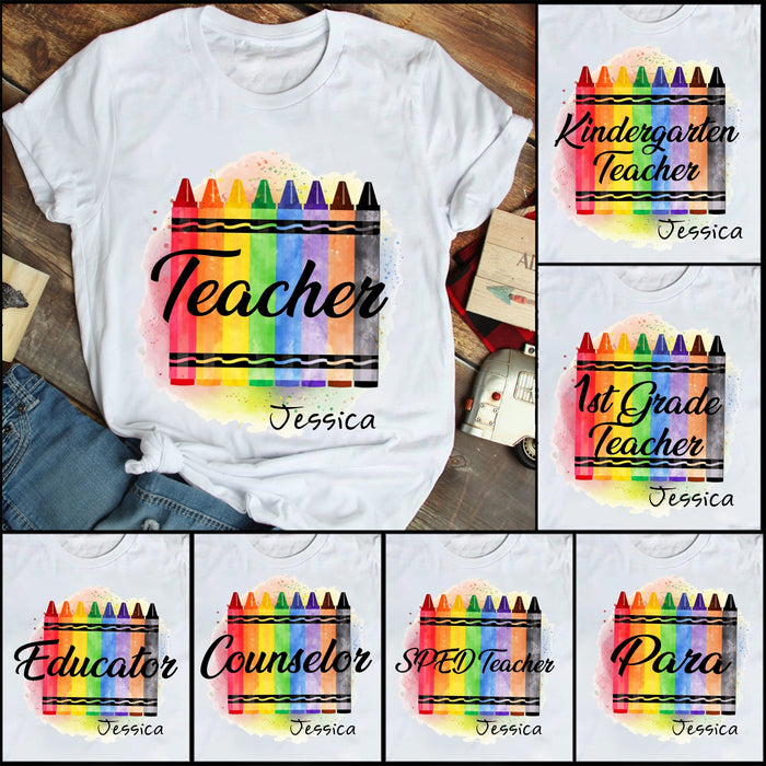 Personalized T-Shirt For Teacher Color Crayon Printed Custom Name & Title Splash Design Back To School Outfit