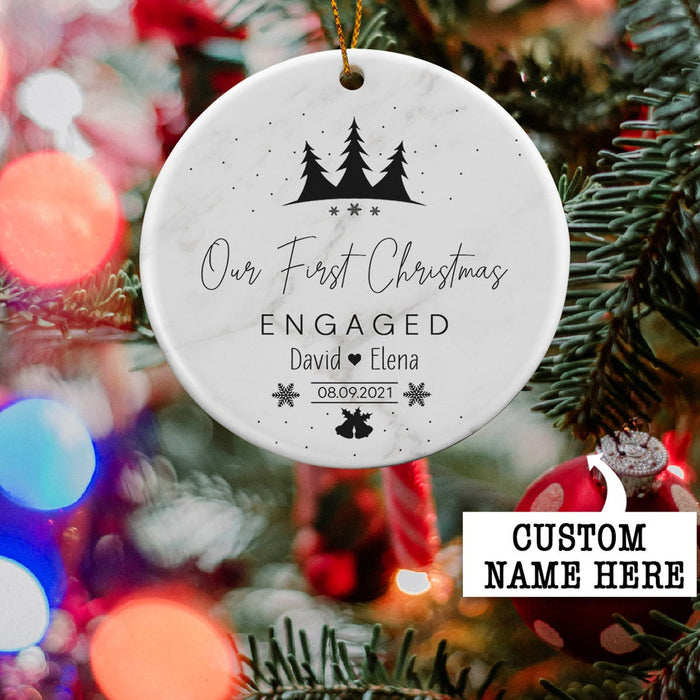 Personalized Circle Ornament For Couple Our First Christmas Engaged Print Tree Snowflakes & Bell Custom Names & Date