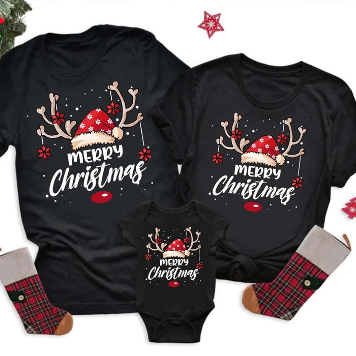 Class Matching Shirt For Family Cousin Crew Funny Reindeer With Santa Hat & Snow Printed Christmas Family Matching Shirt