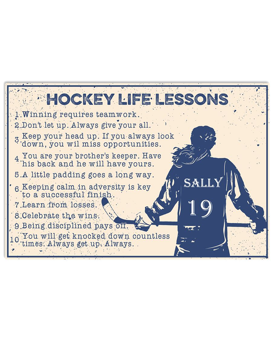 Personalized Hockey Life Lessons Poster Canvas For Women Female Player Printed Custom Name & Number Rustic Design