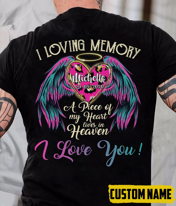 Personalized Memorial T-Shirt In Loving Memory A Piece Of My Heart Lives In Heaven Angle Wings & Heart Custom Name Date