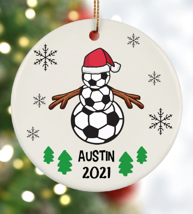 Personalized Circle Ornament For Soccer Lovers Son Print Soccer Snowman With Tree & Snowflake Custom Name & Year