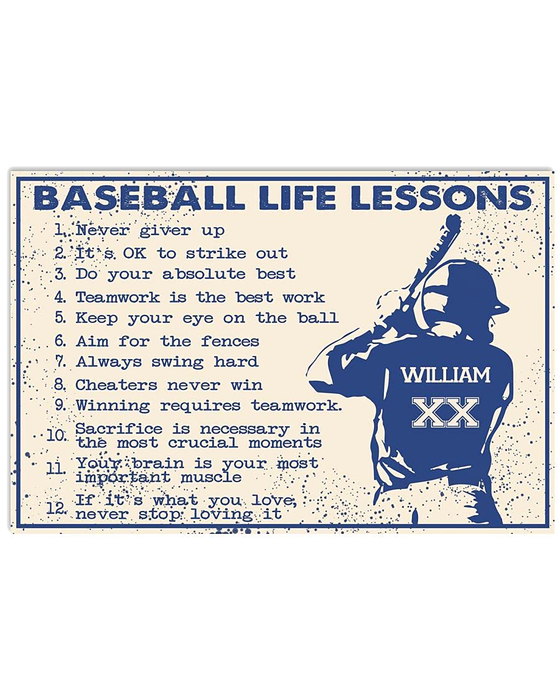 Personalized Baseball Life Lessons Canvas Poster For Baseball Lovers Player Printed Custom Name & Number Rustic Design