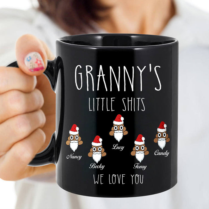 Personalized Christmas Coffee Mug Granny‌'s Little Shits Funny Shit With Santa Hat & Beard Printed Custom Grandkids Name