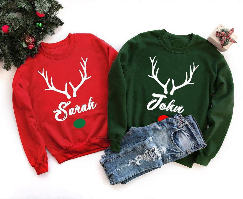Personalized Cute Deer Horn Sweater For Couple Him Her Custom Name Family Matching Christmas Sweatshirt