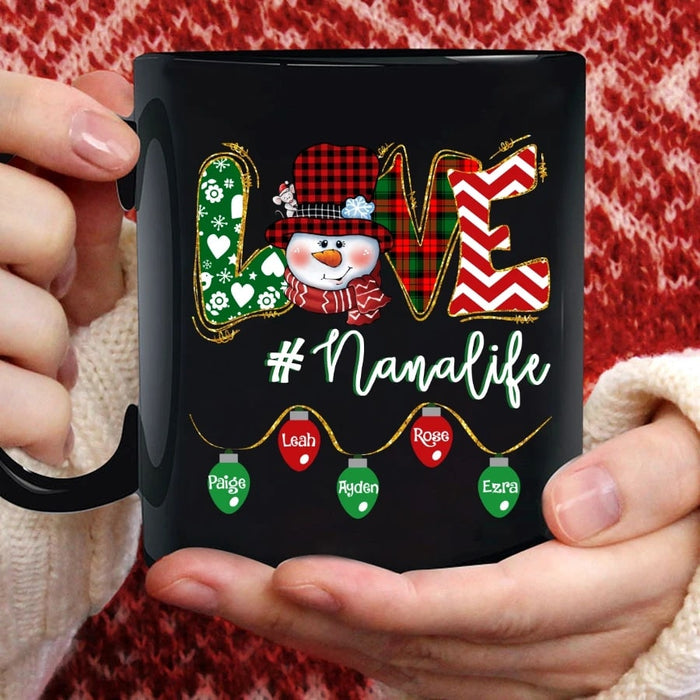 Personalized Coffee Mug For Grandma Love Hashtag Nana Life Snowman & Lights Printed Custom Grandkids Name 11Oz 15Oz Mug