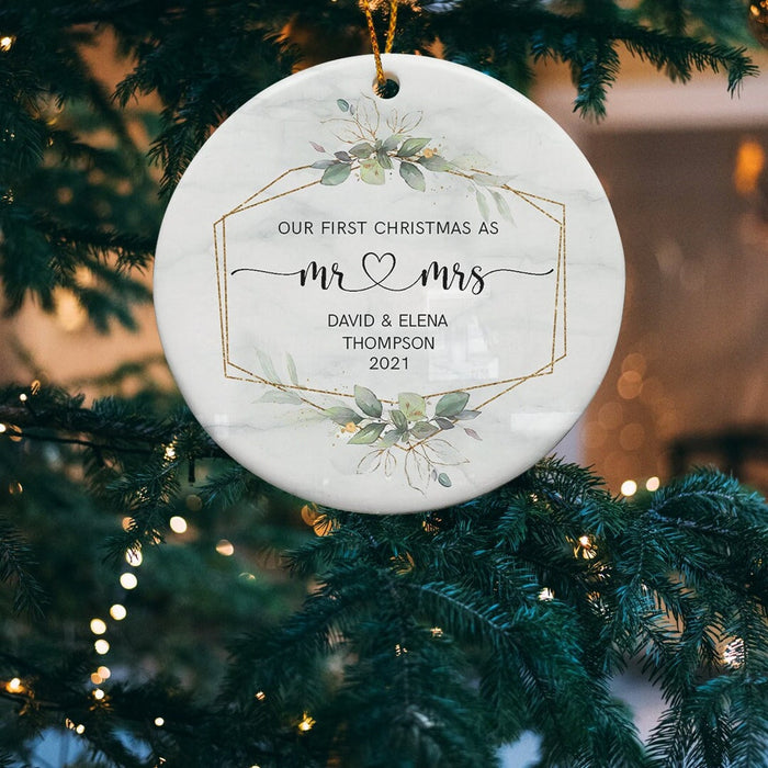 Personalized Newlywed Ornament Our First Christmas As Mr & Mrs Print Green Botanical Framed Custom Names & Year