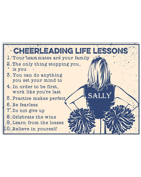 Personalized Cheerleading Life Lessons Poster For Cheerleader Woman With Pom Poms Printed Custom Name Rustic Design