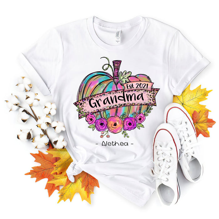 Personalized T-Shirt For Grandma Floral Pumpkin Leopard Colorful Design Custom Grandma's Name & Year Fall Shirt