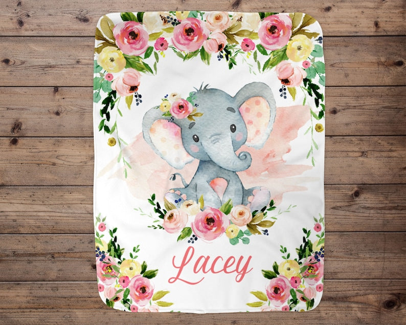 Personalized Fleece Blanket For Baby Daughter Cute Elephant & Flower Printed Custom Baby'S Name Floral Design