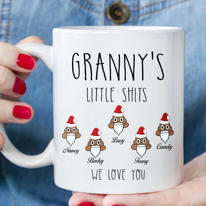 Personalized Christmas Coffee Mug Granny‌'s Little Shits Funny Shit With Santa Hat & Beard Printed Custom Grandkids Name