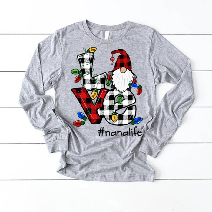 Personalized Sweatshirt & Hoodie For Grandma Love Hashtag Nana Life Cute Santa Gnome & Colorful Lights Printed