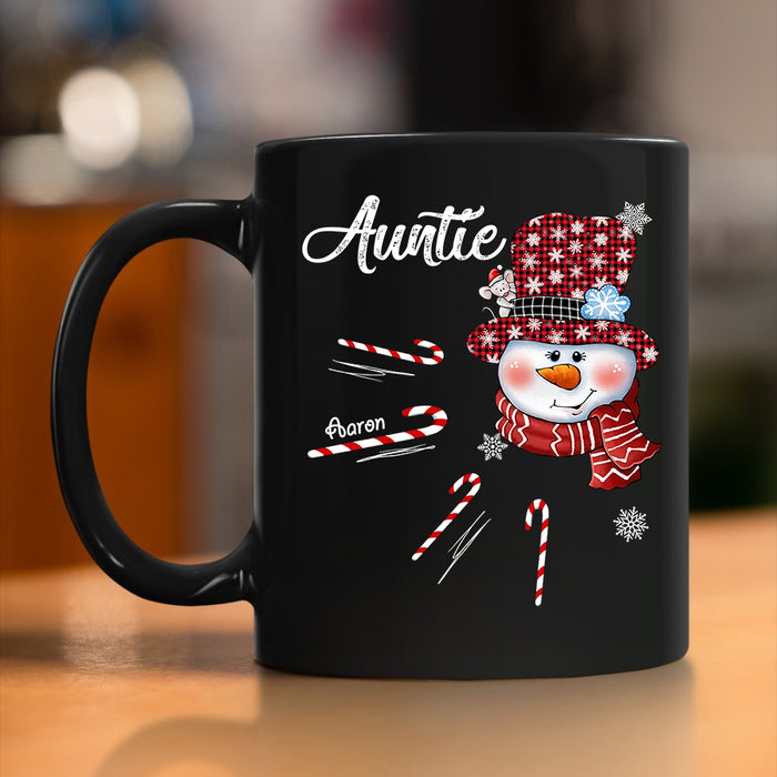 Personalized Coffee Mug For Auntie Cute Snowman & Candy Cane Printed Custom Kids Name 11Oz 15Oz Ceramic Black Mug