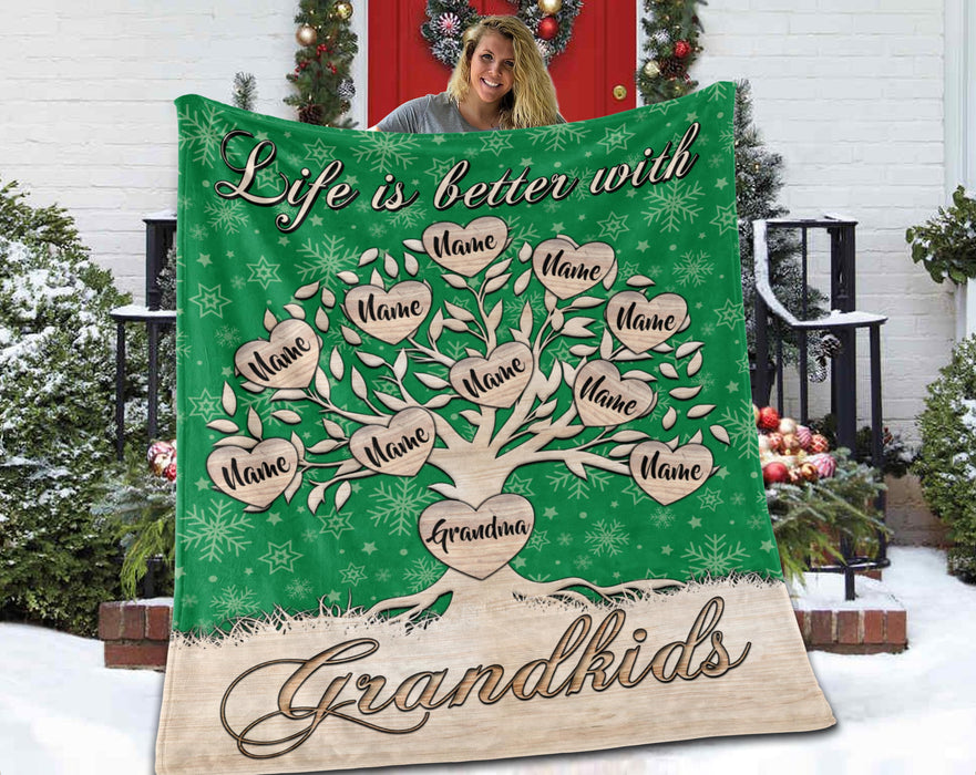 Personalized Blanket For Grandma Life Is Better With Grandkids Family Tree & Snowflake Printed Custom Grandkids Name