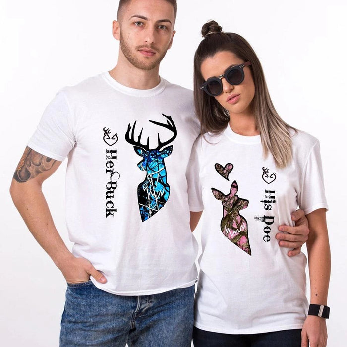 Personalized Matching Couple T-Shirt For Hunting Lovers Her Buck & His Doe Cute Deer Printed For Valentines Day