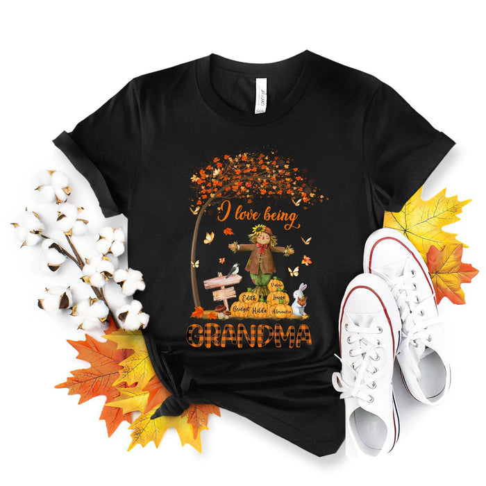 Personalized T-Shirt For Grandma I Love Being Grandma Scarecrow With Pumpkin Butterfly Printed Custom Grandkid's Name