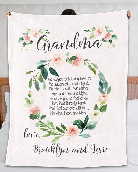 Personalized Blanket For Grandma We Hugged This Lovely Blanket Flower Wreath Printed Custom Grandkids Name