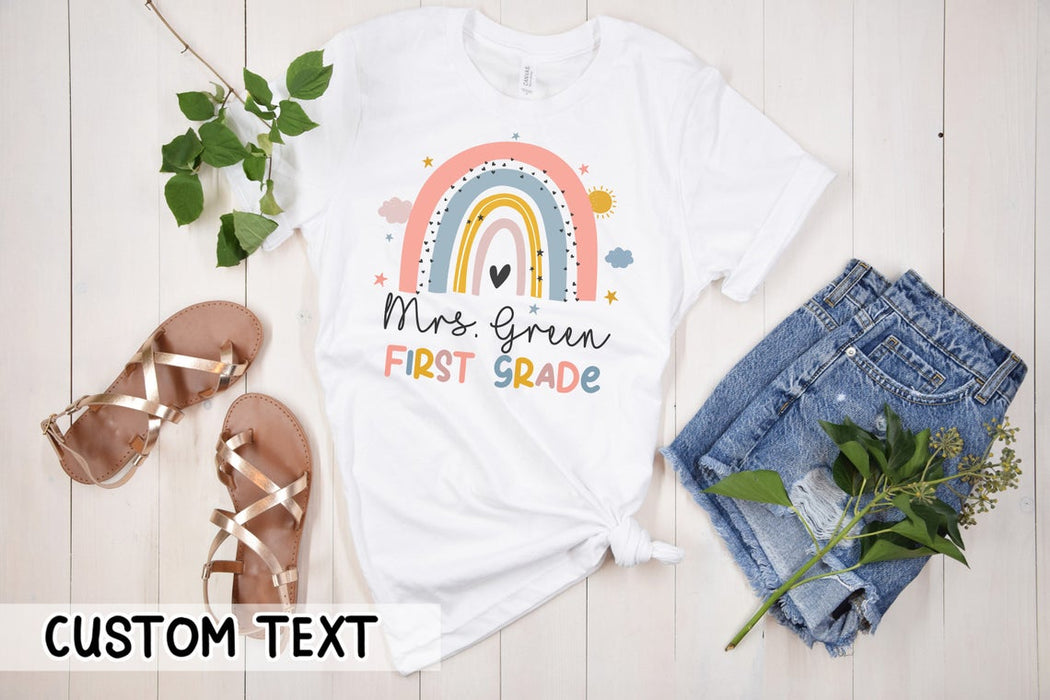 Personalized T-Shirt For Teacher Boho Rainbow Heart First Grade Custom Name & Grade Level Back To School Outfit