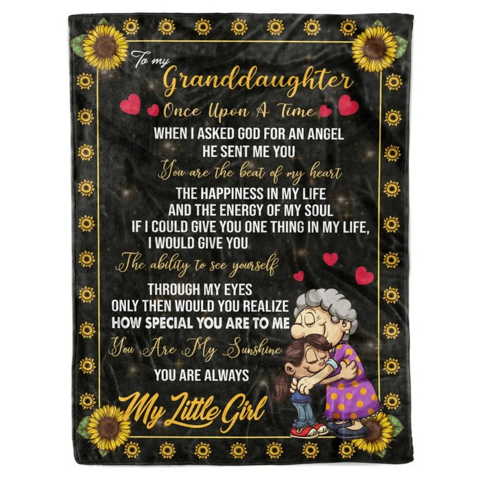 Personalized Black Fleece Blanket To My Granddaughter Once Upon A Time Rustic Sunflower Frame Print Custom Name Blanket